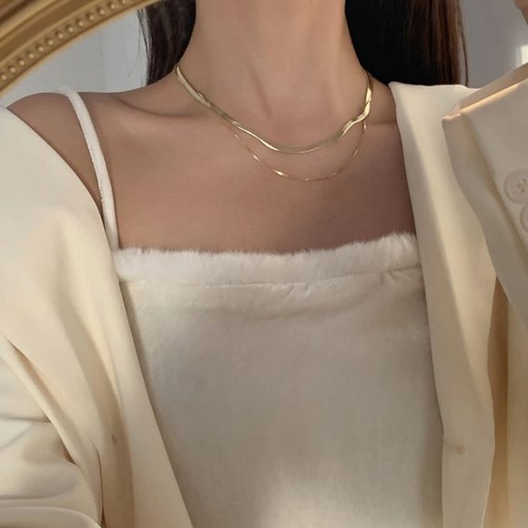 NEW Gold Snakechain Layered Herringbone Necklace - Picture 8 of 9